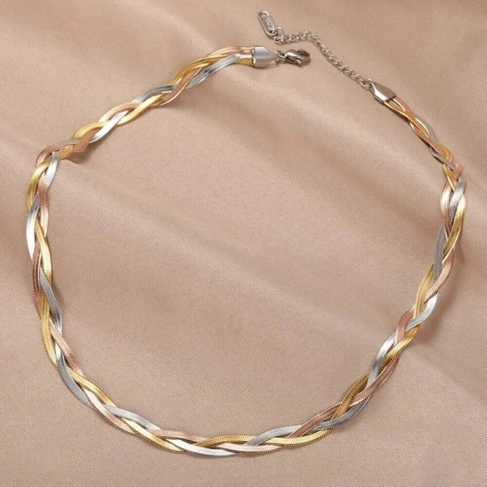 Stainless Steel Necklace Herringbone braided Tri-Colour Flat snake Chain 2 Pcs. - Picture 9 of 15